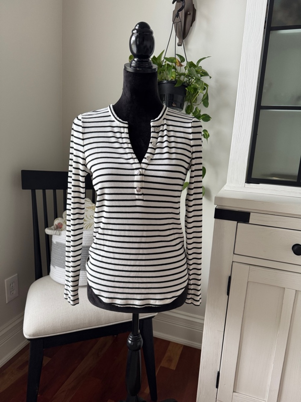 Long sleeve, black and white stripe T-shirt